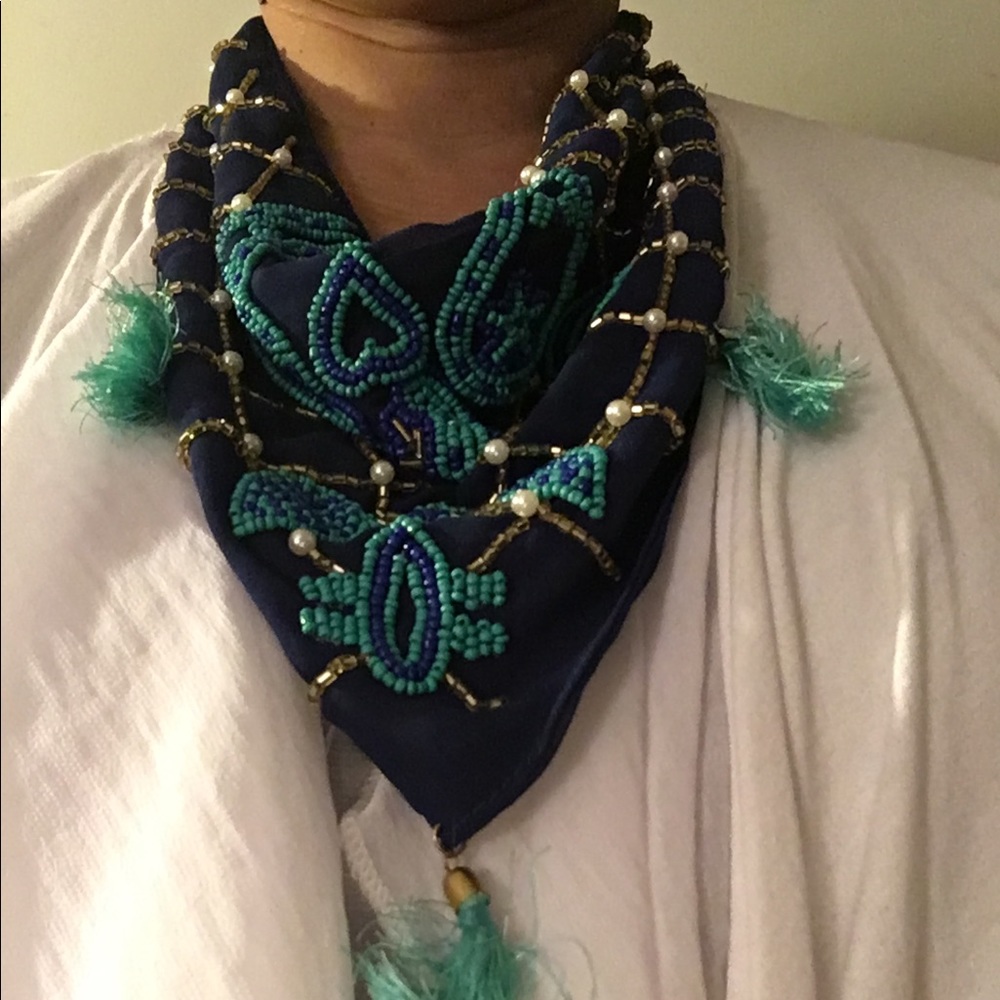 Navy scarf with teal beading